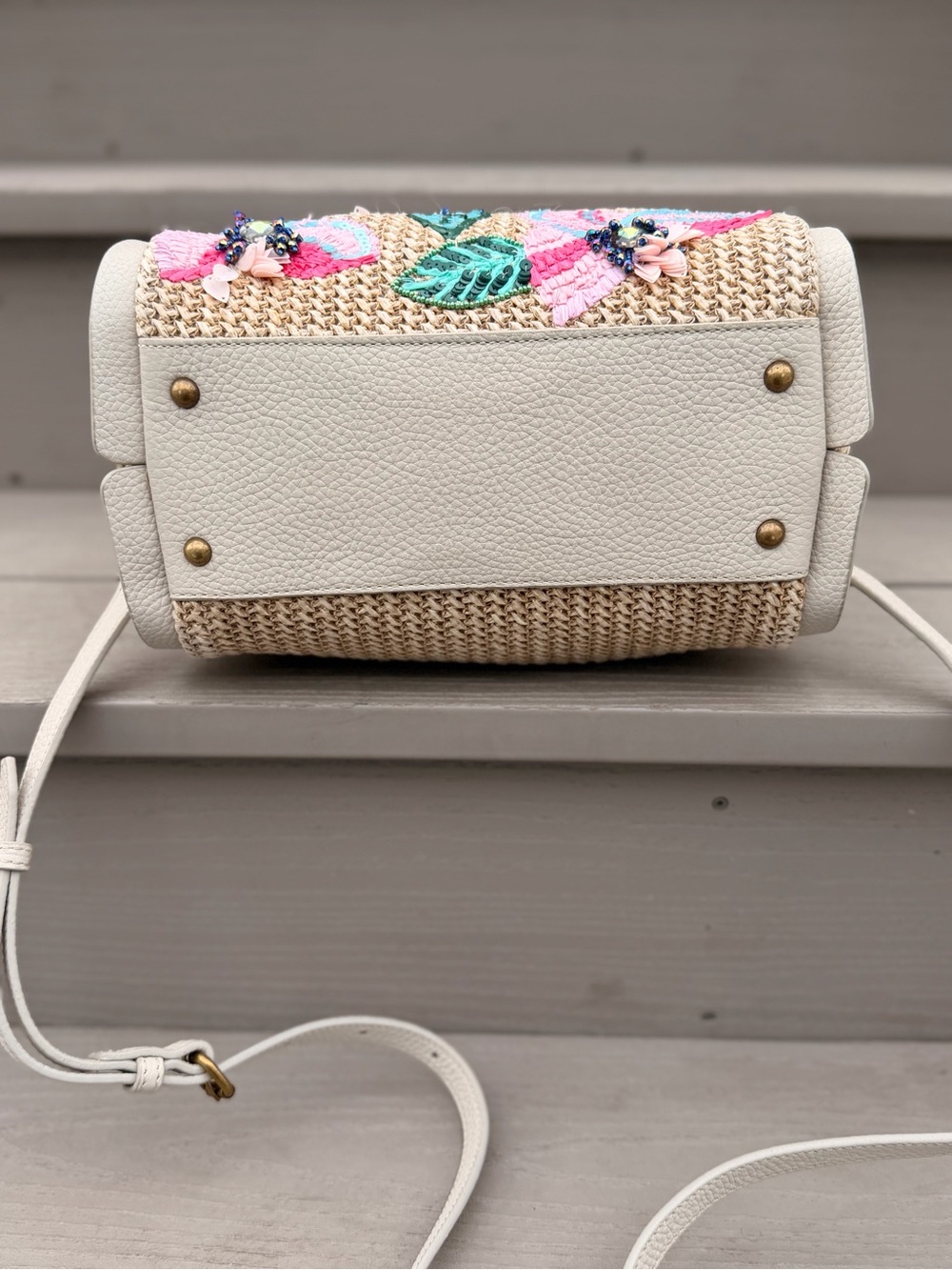 NWT American Leather Co. Floral Embroidered Straw Crossbody Satchel - Picture 10 of 13